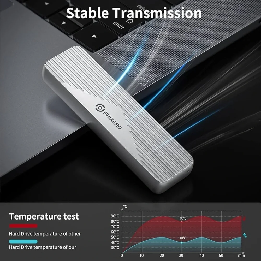 Phixero M.2 NVMe/SATA SSD Enclosure USB Key External Solid Silver